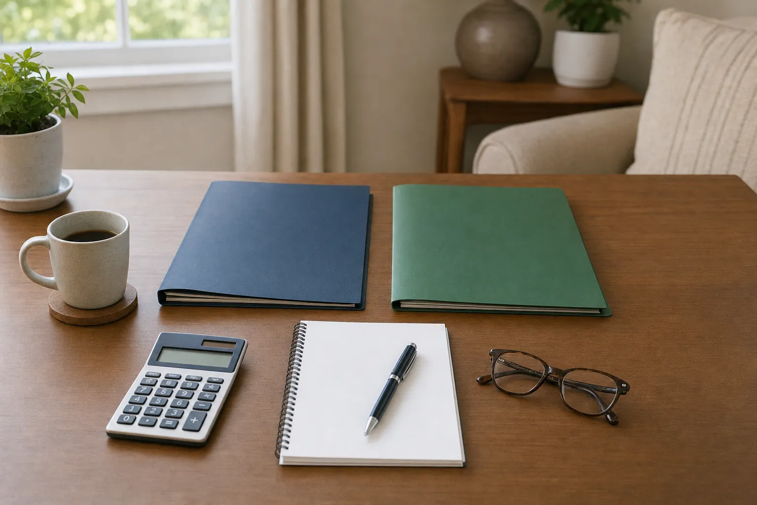 Two plain folders, a calculator, glasses, and a notebook arranged for a Medicare Supplement comparison