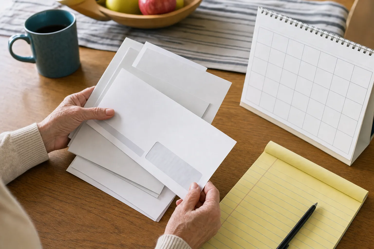 Hands sorting plan mail beside a desk calendar, coffee, and a notepad