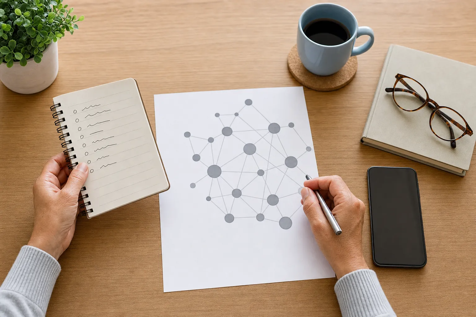 A person comparing a doctor list with a generic network diagram and a phone