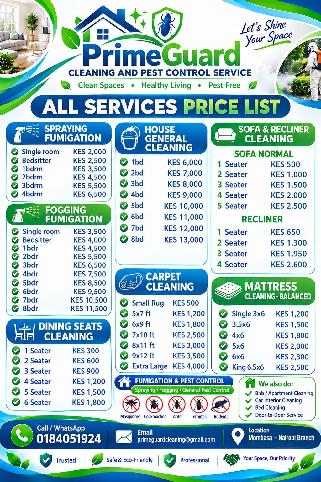 PrimeGuard cleaning and fumigation price poster