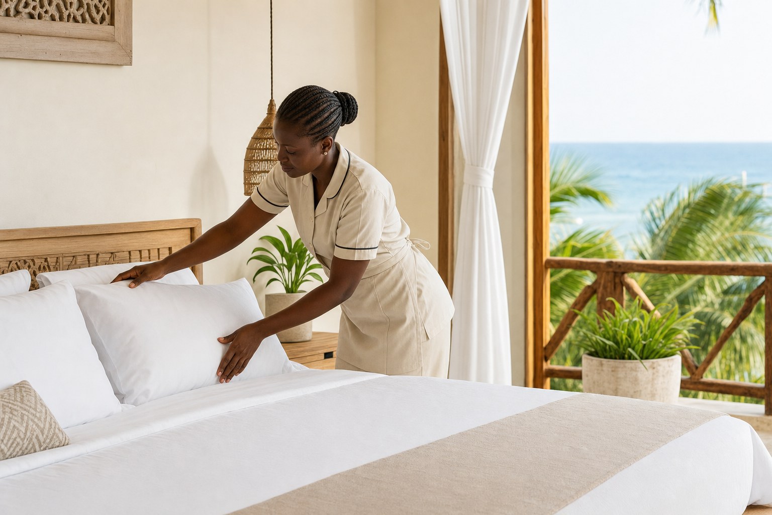 A bright coastal bedroom prepared by a cleaning professional