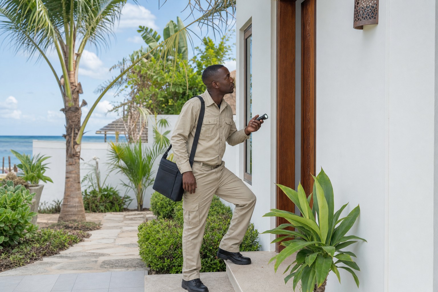 A pest-control professional inspecting the entrance to a coastal home