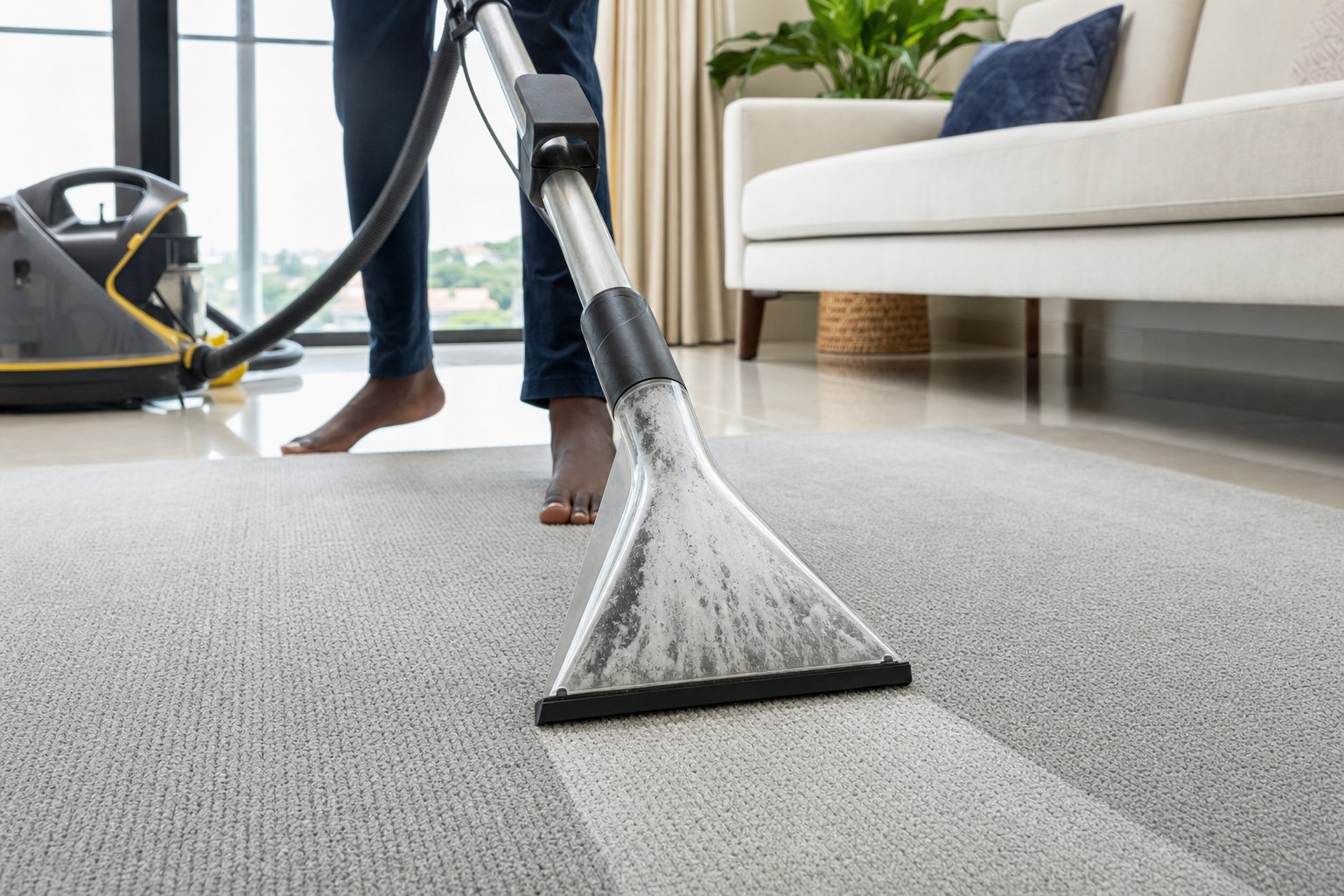 A carpet extraction tool cleaning a pale woven rug