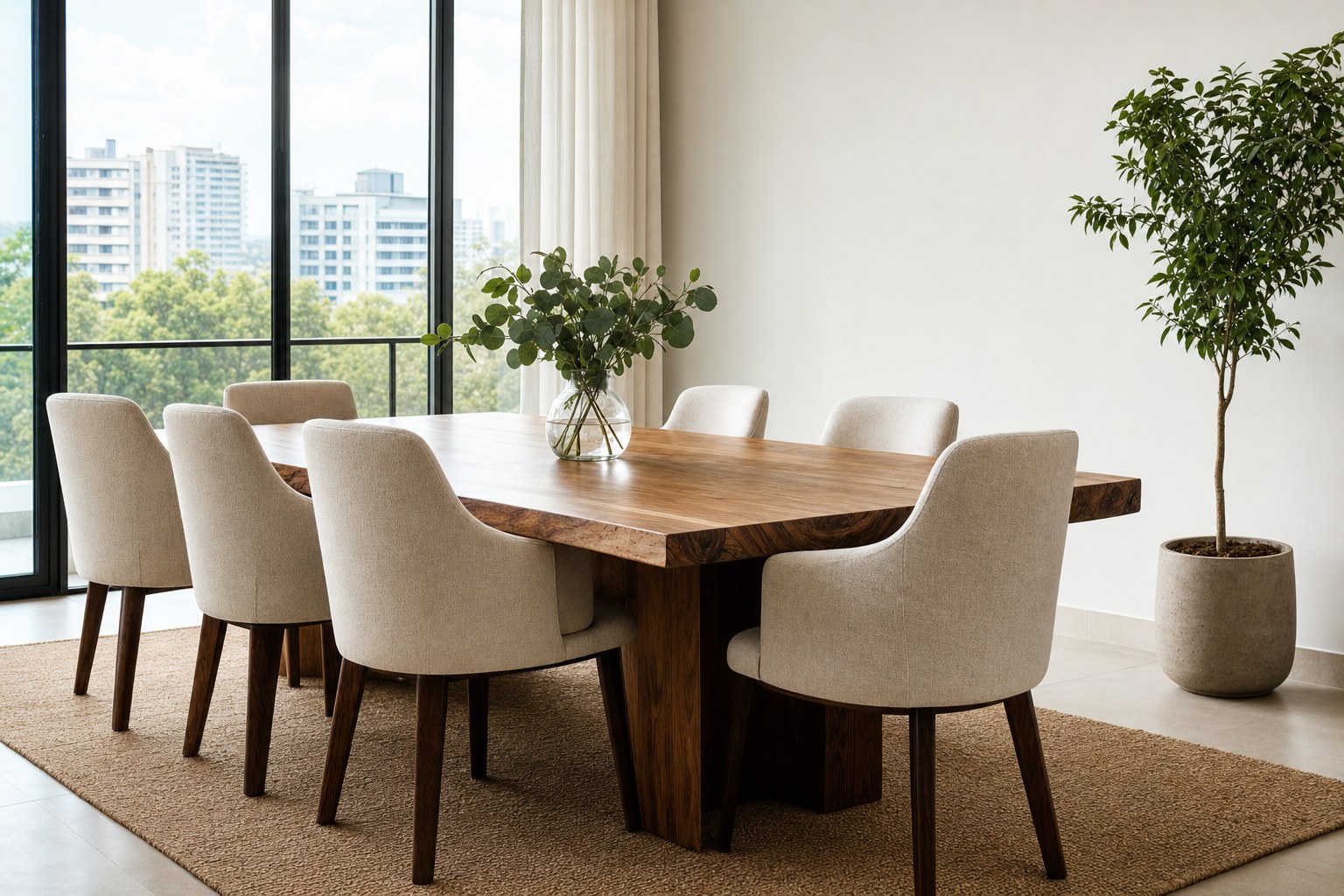 Upholstered dining seats in a bright modern apartment