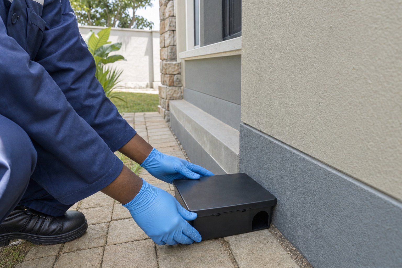 Gloved hands inspecting a closed pest monitoring box