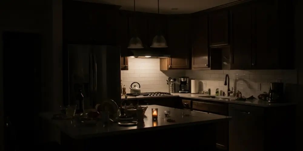 A dark home kitchen during a power outage