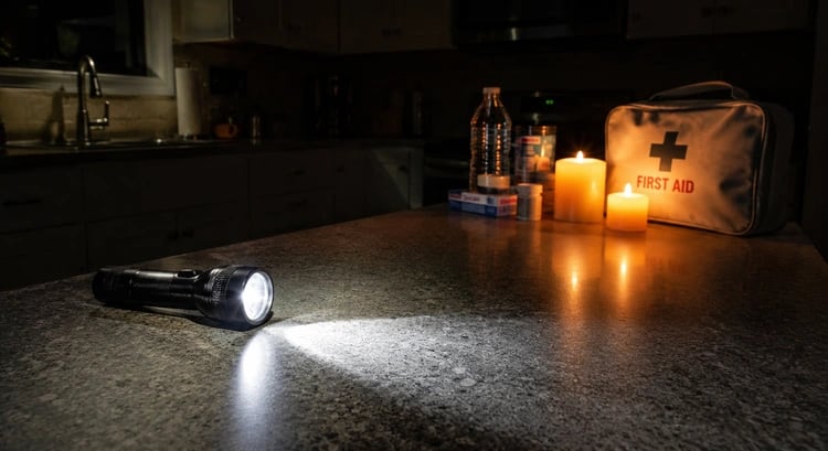 Flashlight and supplies on a kitchen counter during a power outage