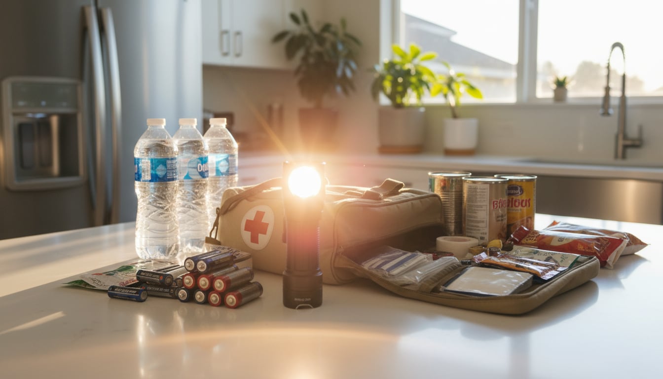 Emergency flashlight, batteries, and first-aid supplies arranged for a power outage