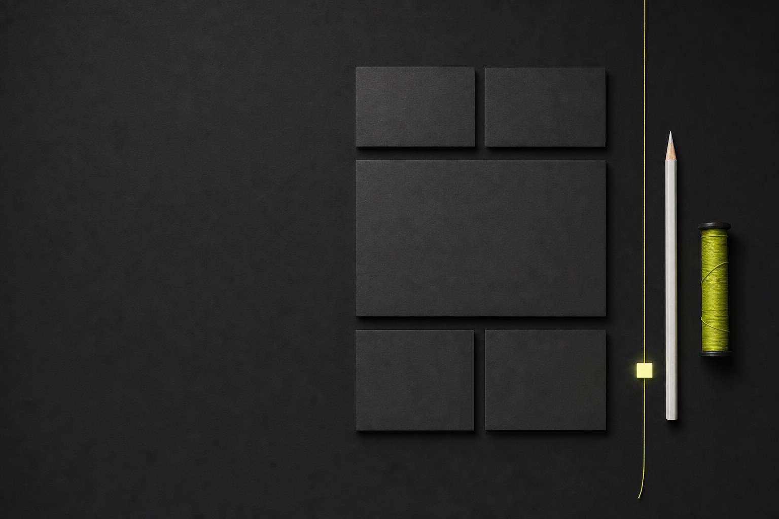 Blank graphite cards and a drafting pencil arranged on a black work surface