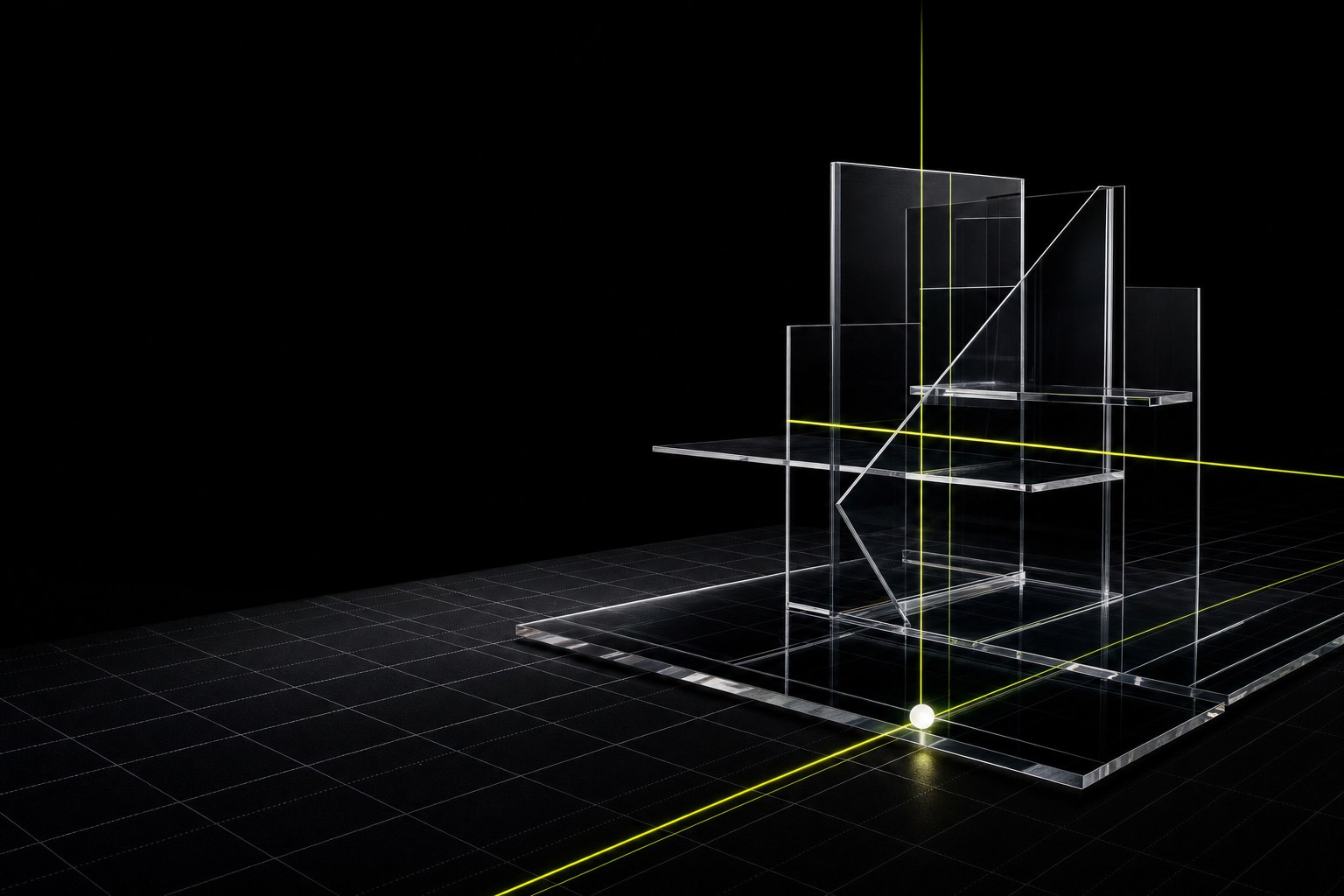 Transparent planes aligned by chartreuse beams over a black gridded surface