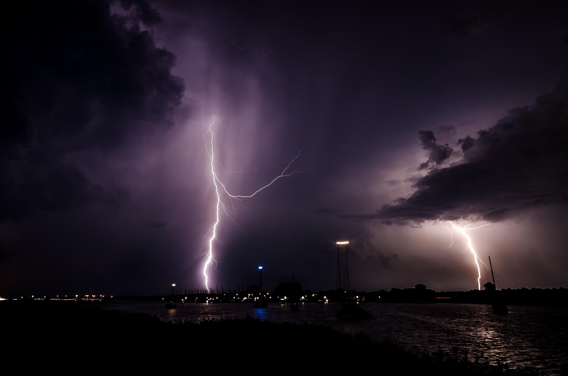 Lightning over a dark waterfront during a storm