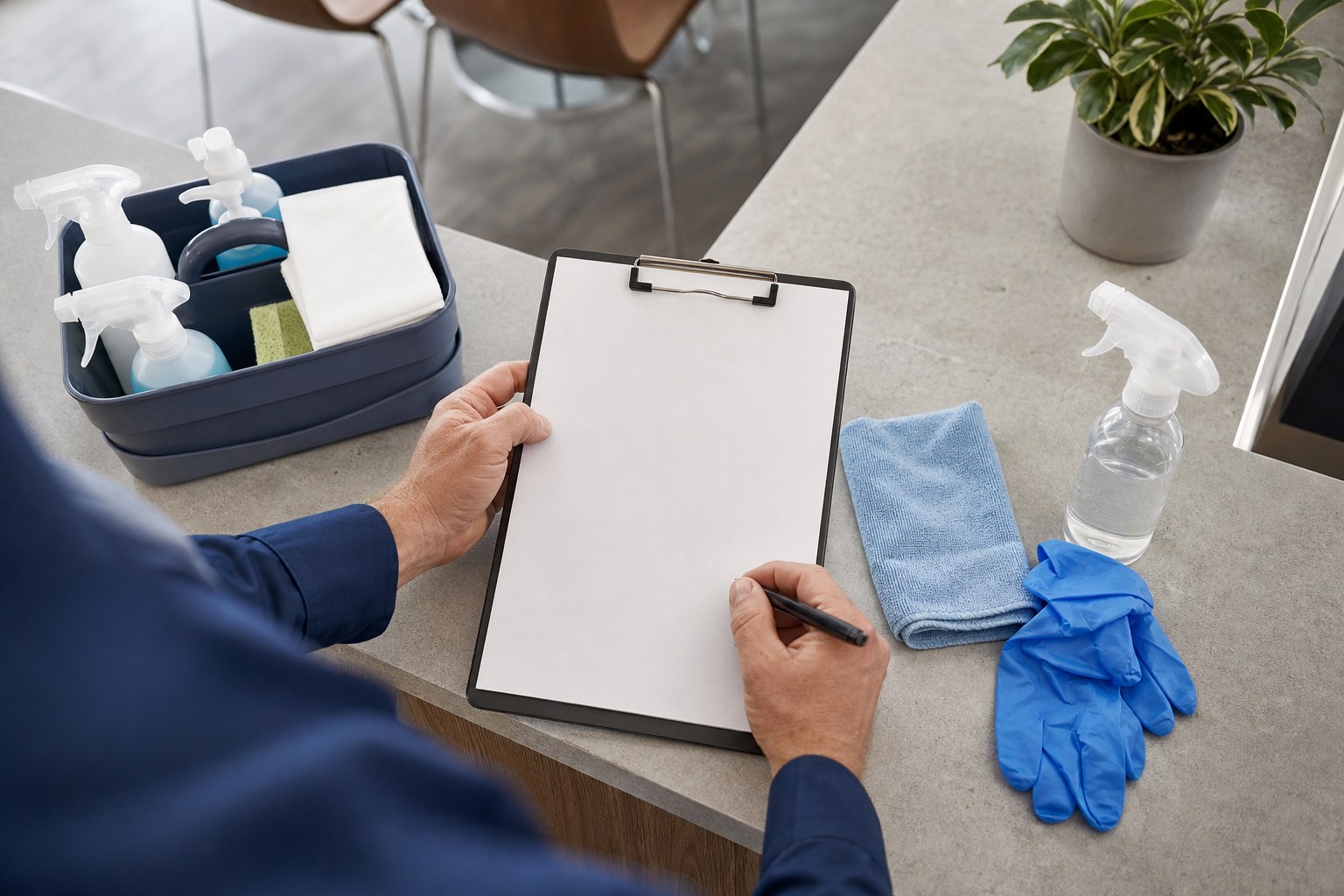 Cleaning supplies and a blank checklist on an office counter