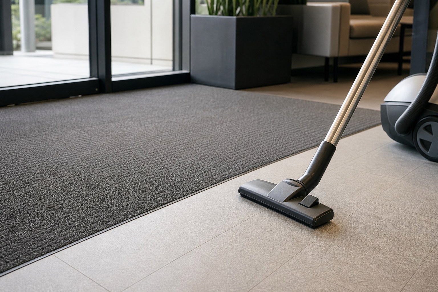 Commercial office entry mat and floor being vacuumed