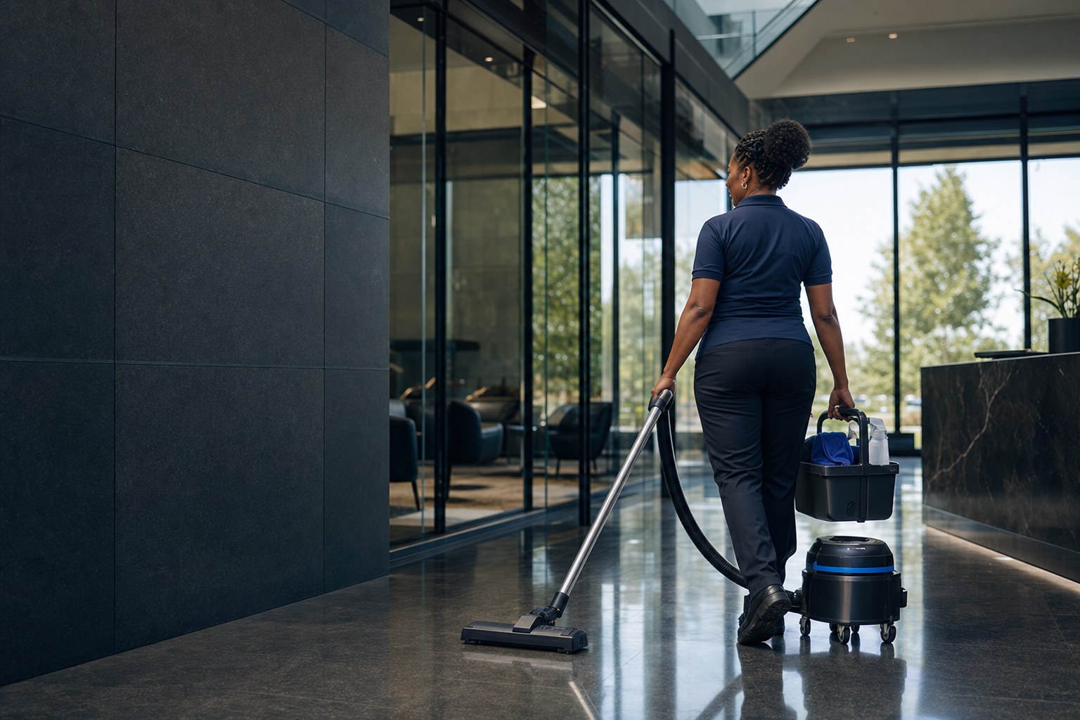 Commercial cleaning professional arriving in a modern office lobby