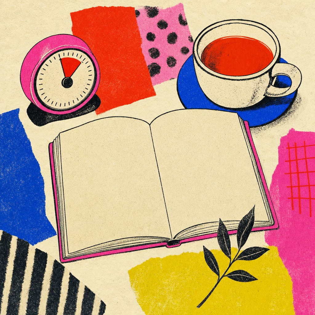 An illustrated open notebook, tea, timer and small leaf