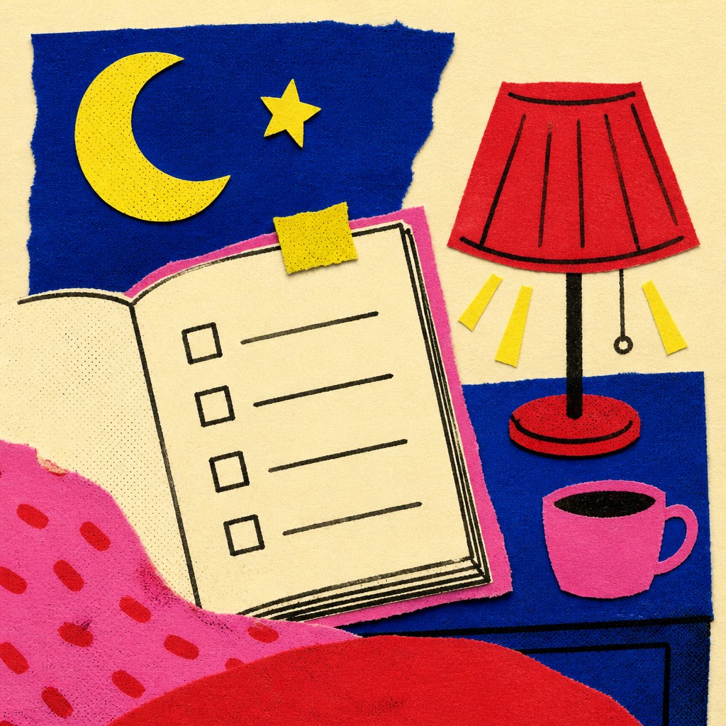 A colorful collage of a check-list journal, lamp, moon and cup