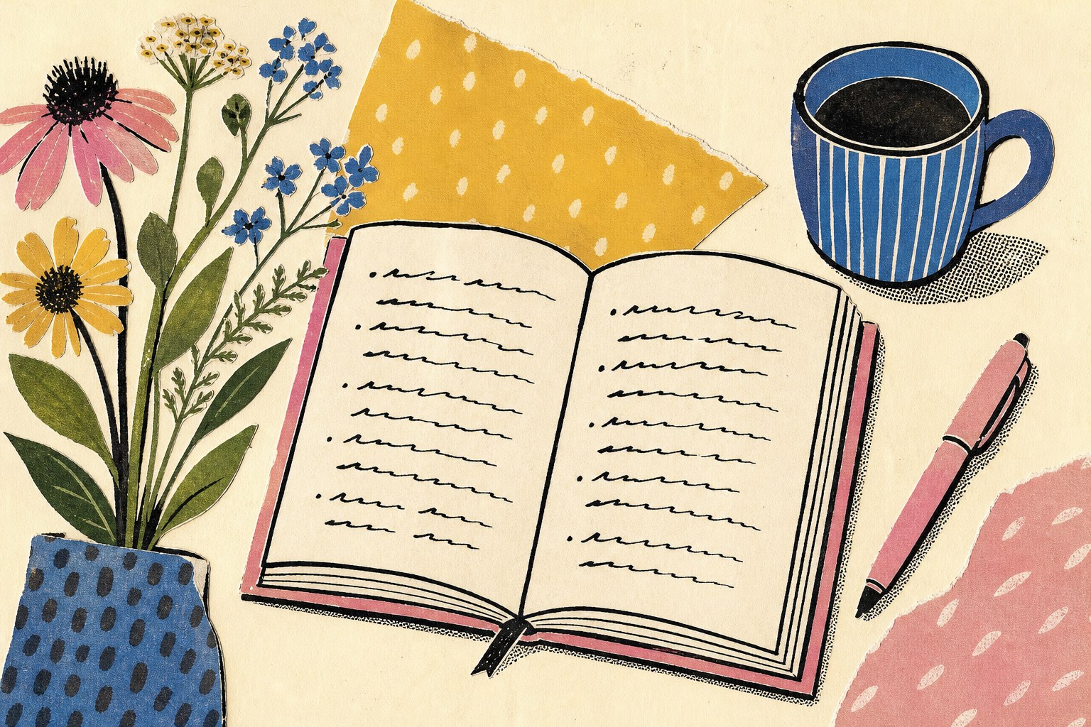 An open journal with flowers, a blue cup and a pink pen