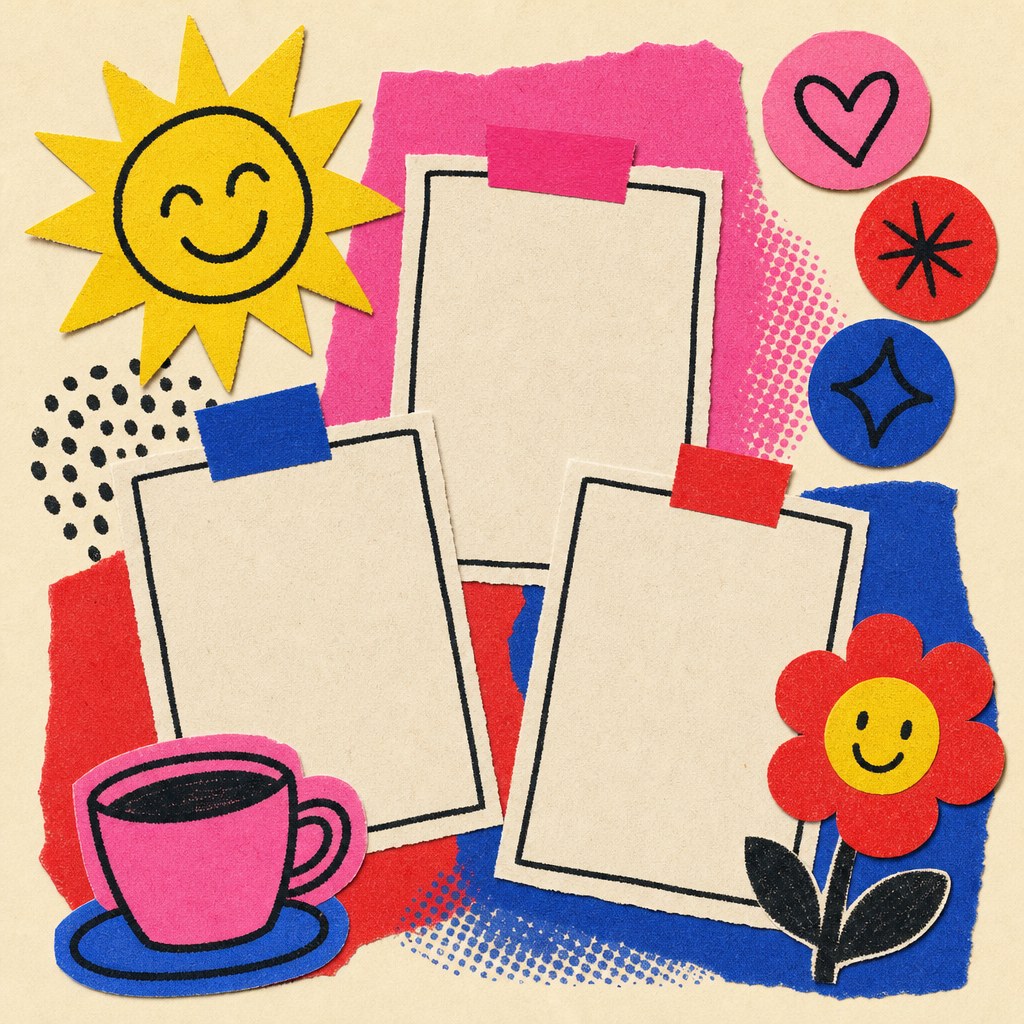 A cheerful collage of blank note cards, a sun, cup and flower