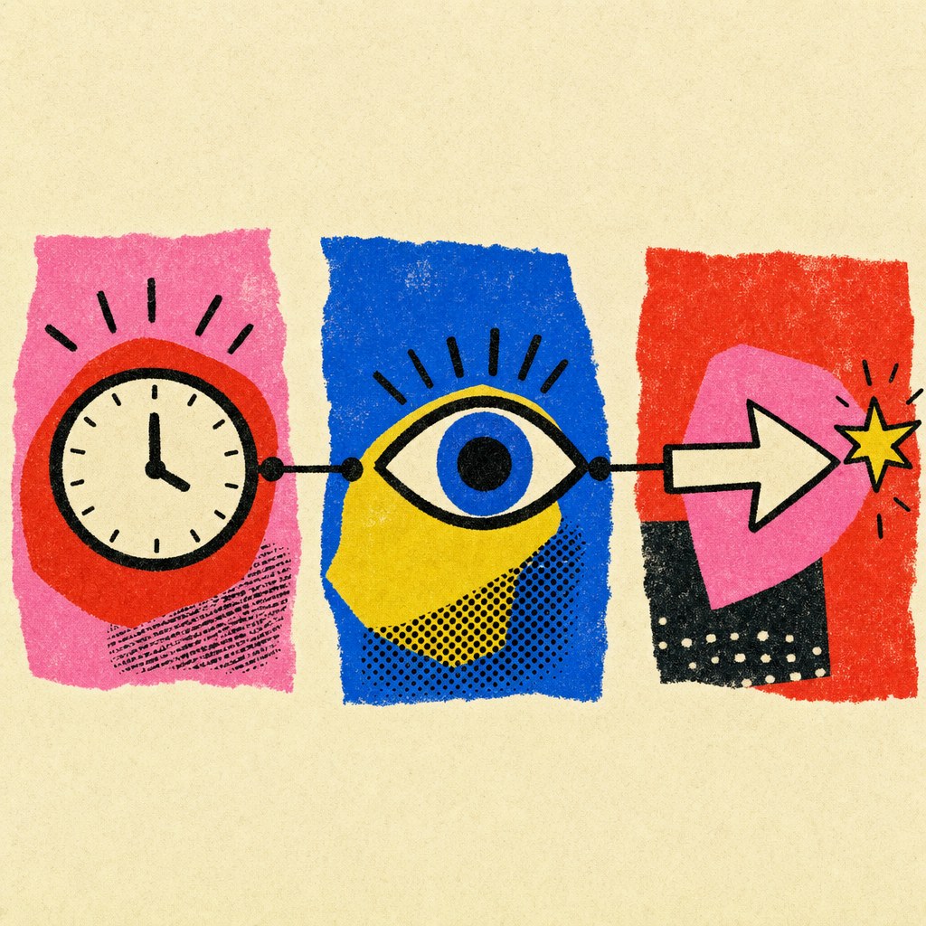 A playful diagram showing a clock, eye and arrow to a star
