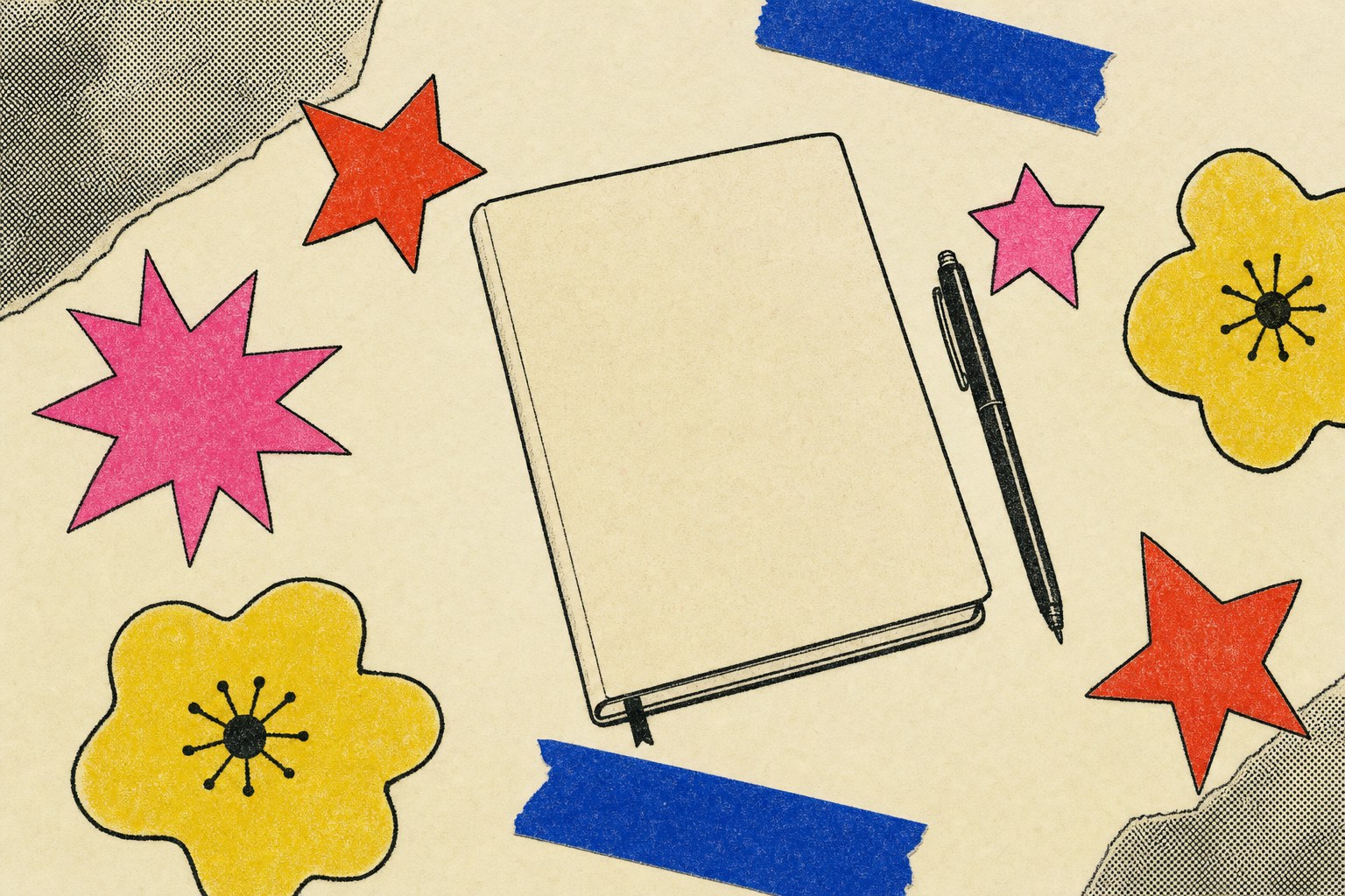 An illustrated journal with colorful paper shapes
