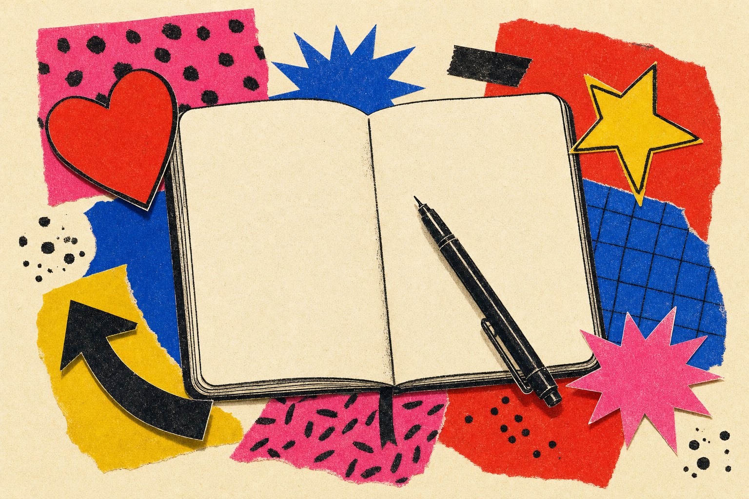 An open journal and pen surrounded by colorful paper shapes