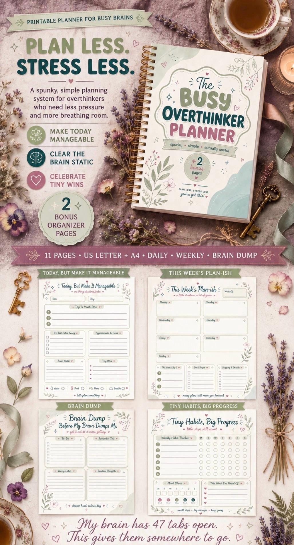 Printable Overthinker Planner , Manage Tasks, Clear Mental preview 2
