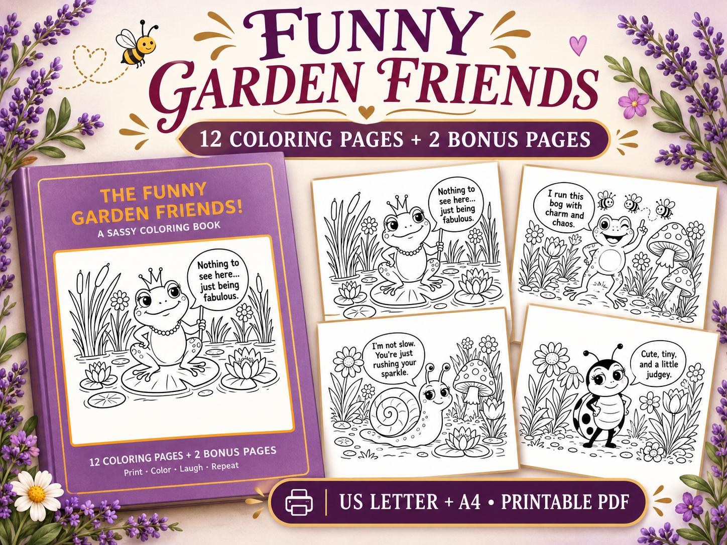 Sassy Garden Creatures Coloring Pages - Frogs, Bees, Snail