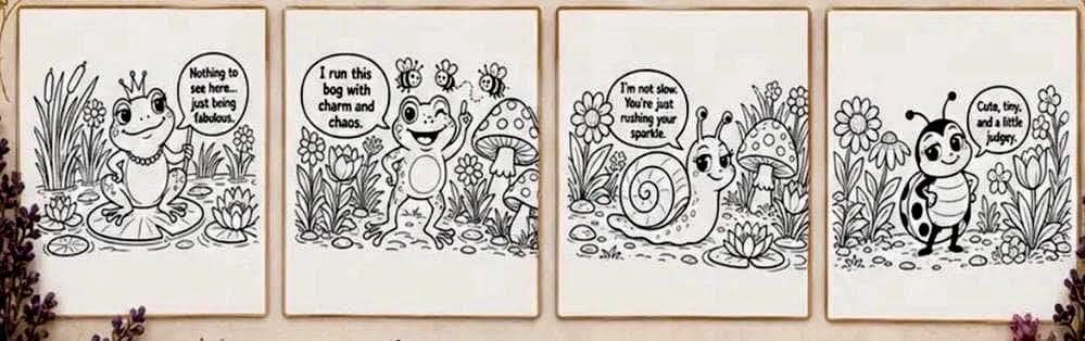 Sassy Garden Creatures Coloring Pages - Frogs, Bees, Snail preview 2