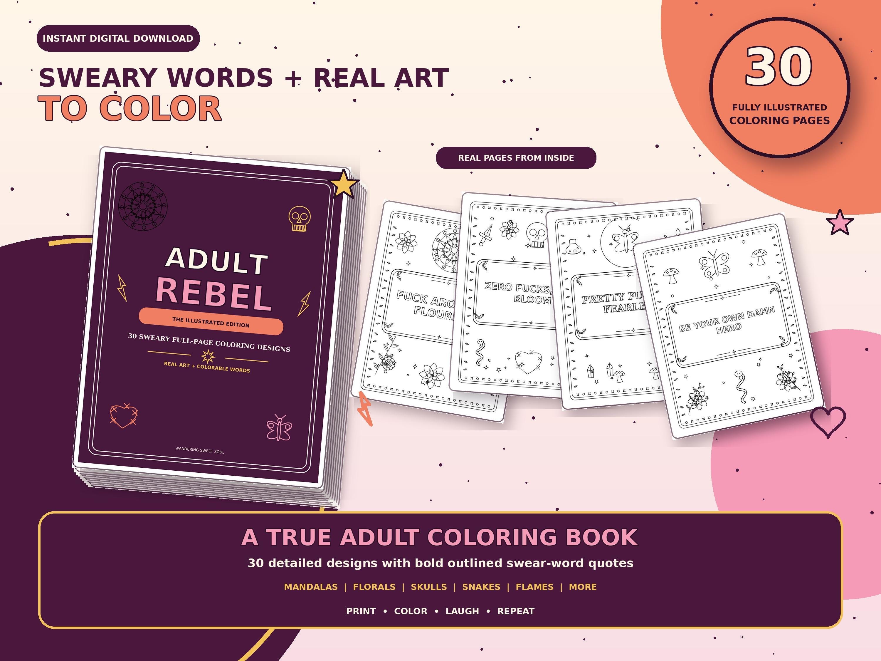 30 Bold Swear Word Coloring Pages with Mandalas, Skulls, F preview 2