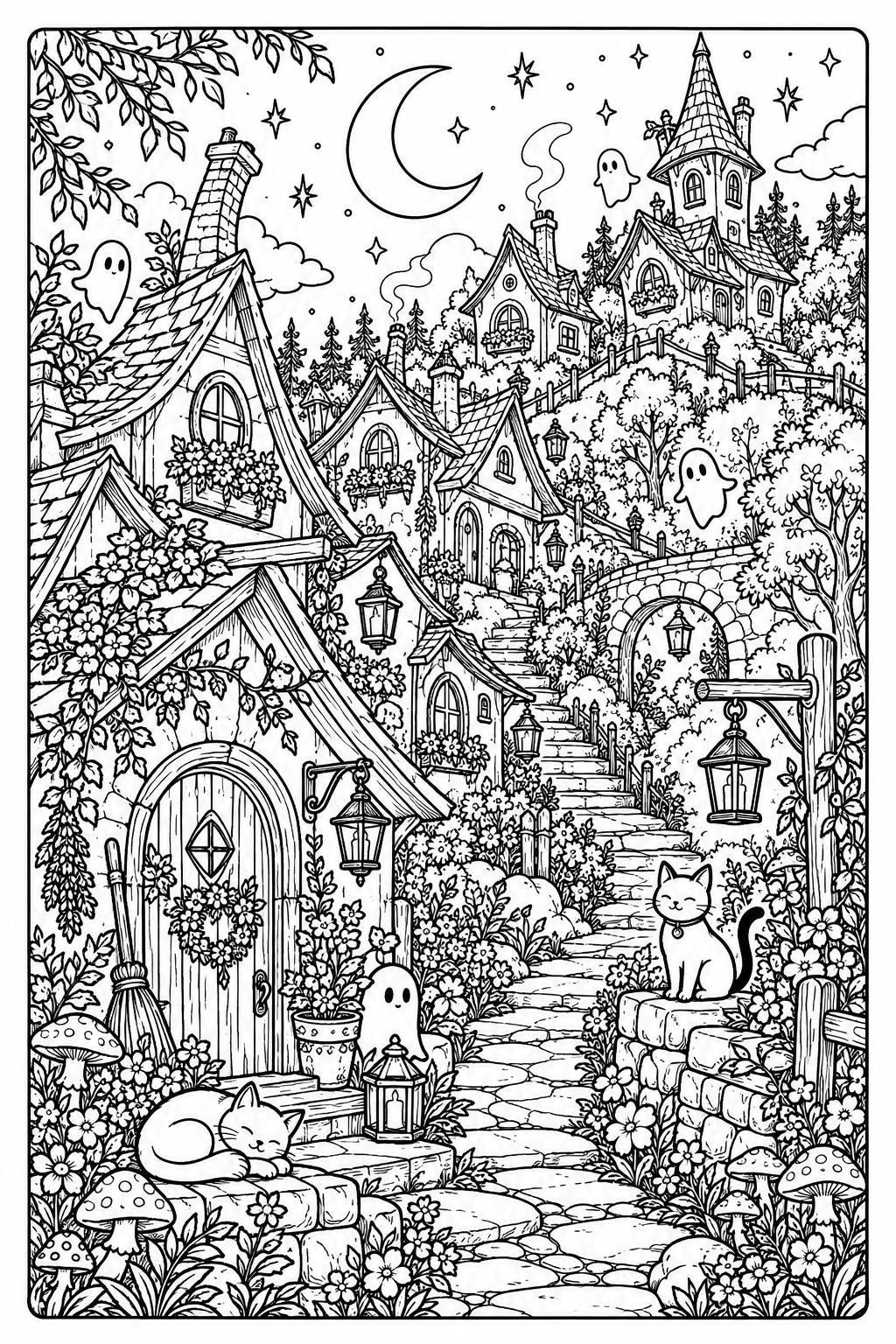Cozy Witch Coloring Book, Moonlit Gardens, Friendly Ghosts preview 10