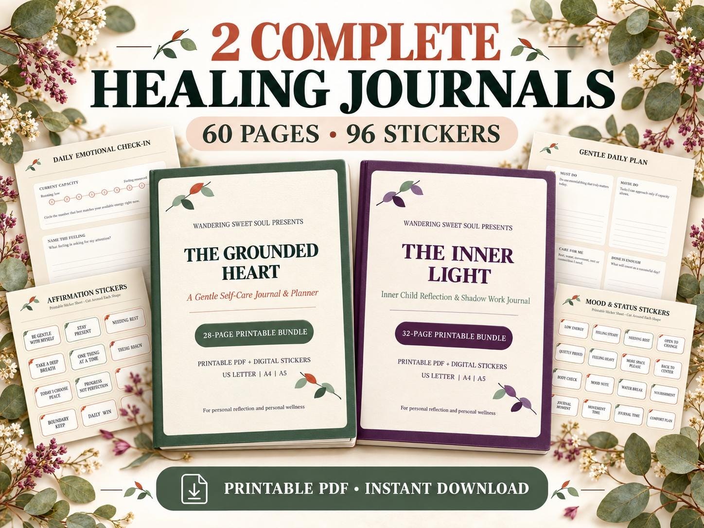 Editable Self-Care Planner Bundle with Reflection Journal,