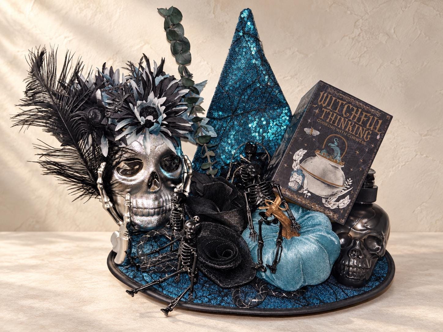 Spooky Glam Halloween Centerpiece, Teal Sequin Witch Hat, 