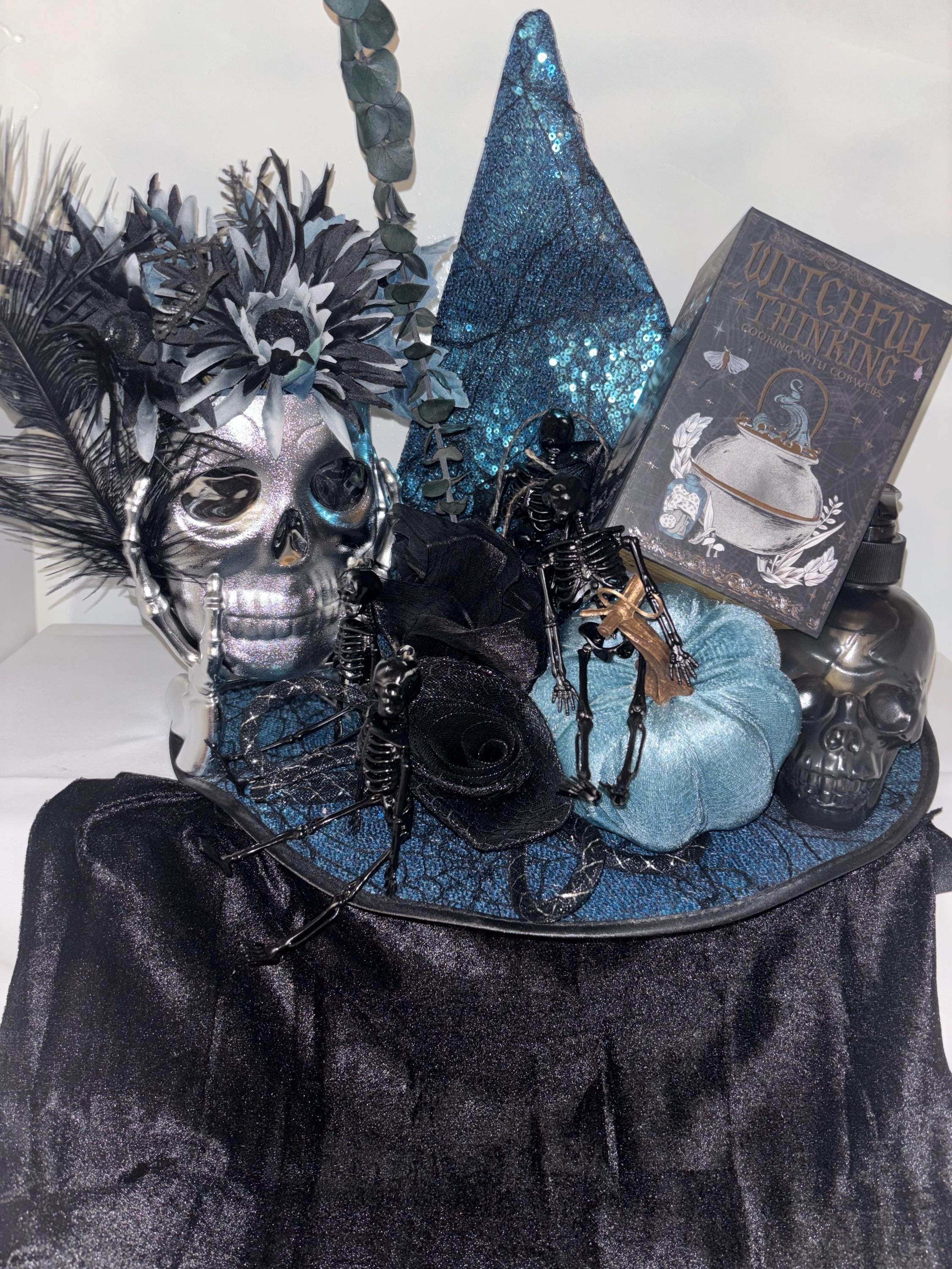 Spooky Glam Halloween Centerpiece, Teal Sequin Witch Hat, preview 2