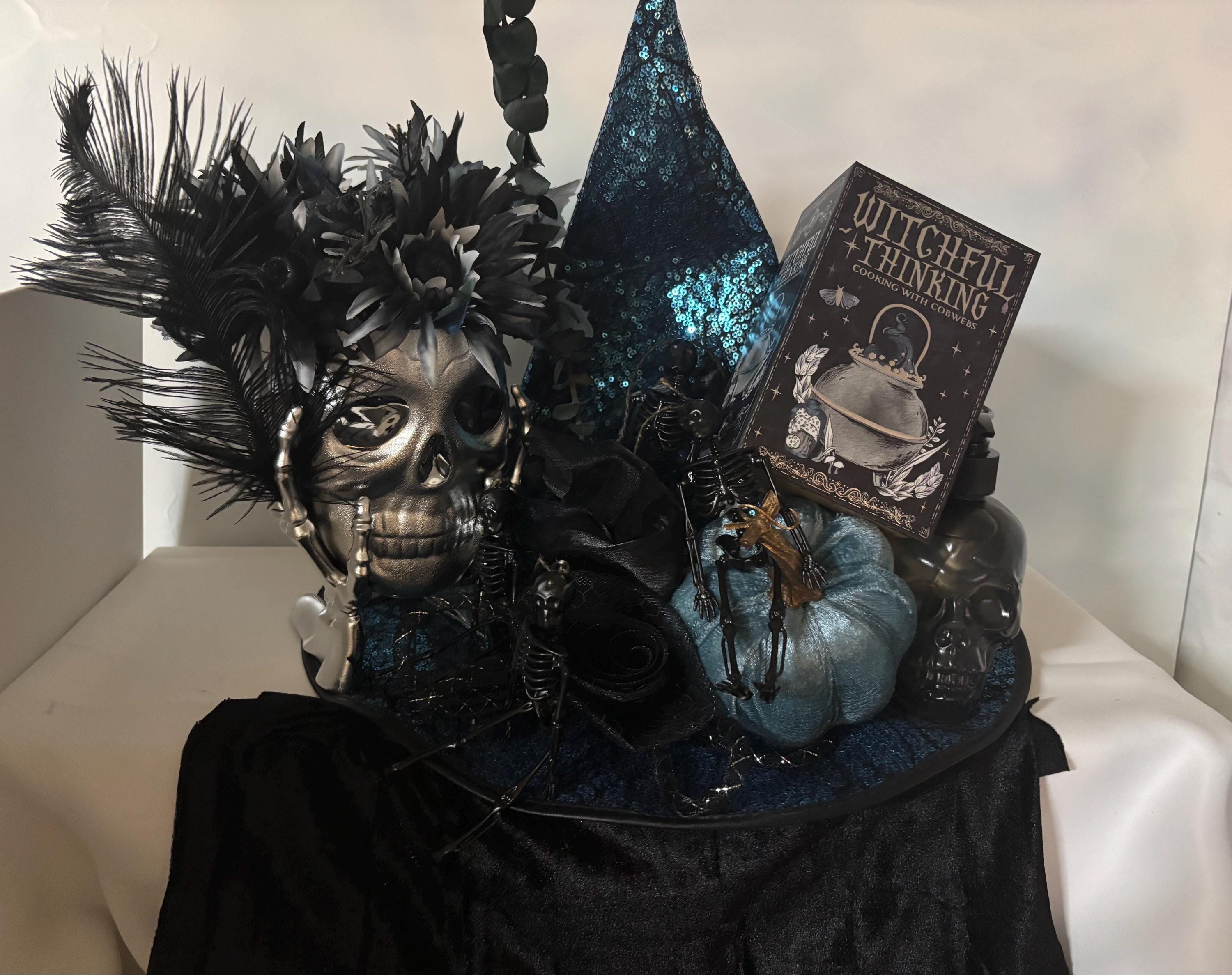 Spooky Glam Halloween Centerpiece, Teal Sequin Witch Hat, preview 3
