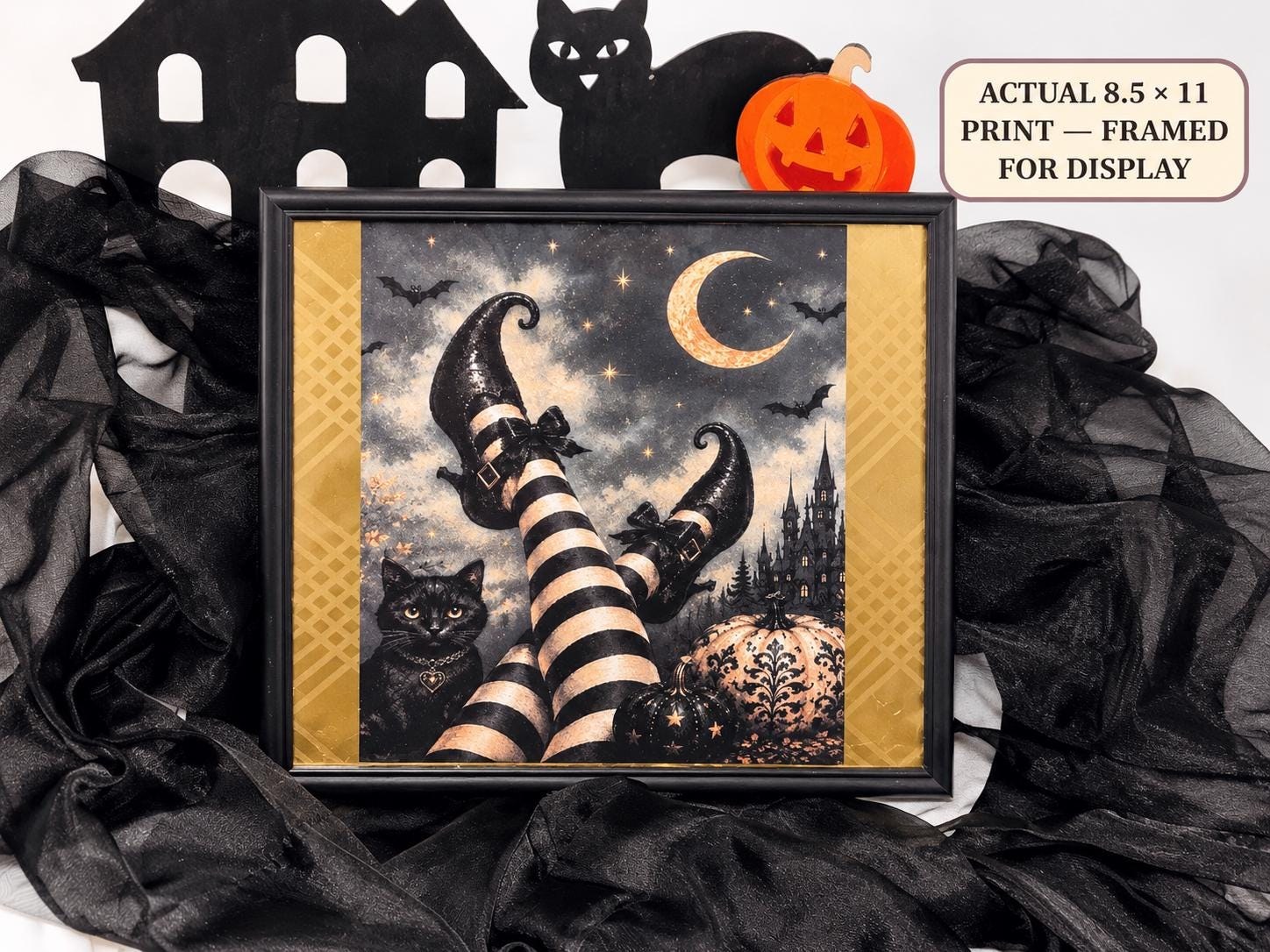 Moonlit Halloween Witch Hat Art, Black Cat, Glowing Pumpki