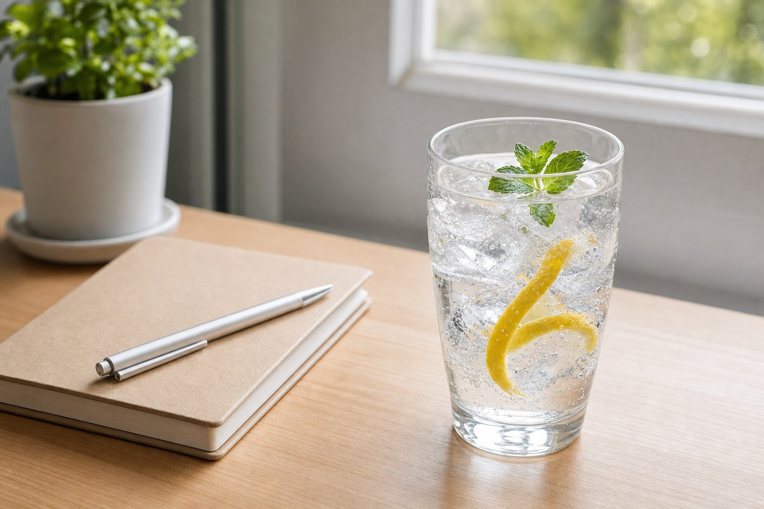 Cold lemon and mint water on a desk beside a notebook