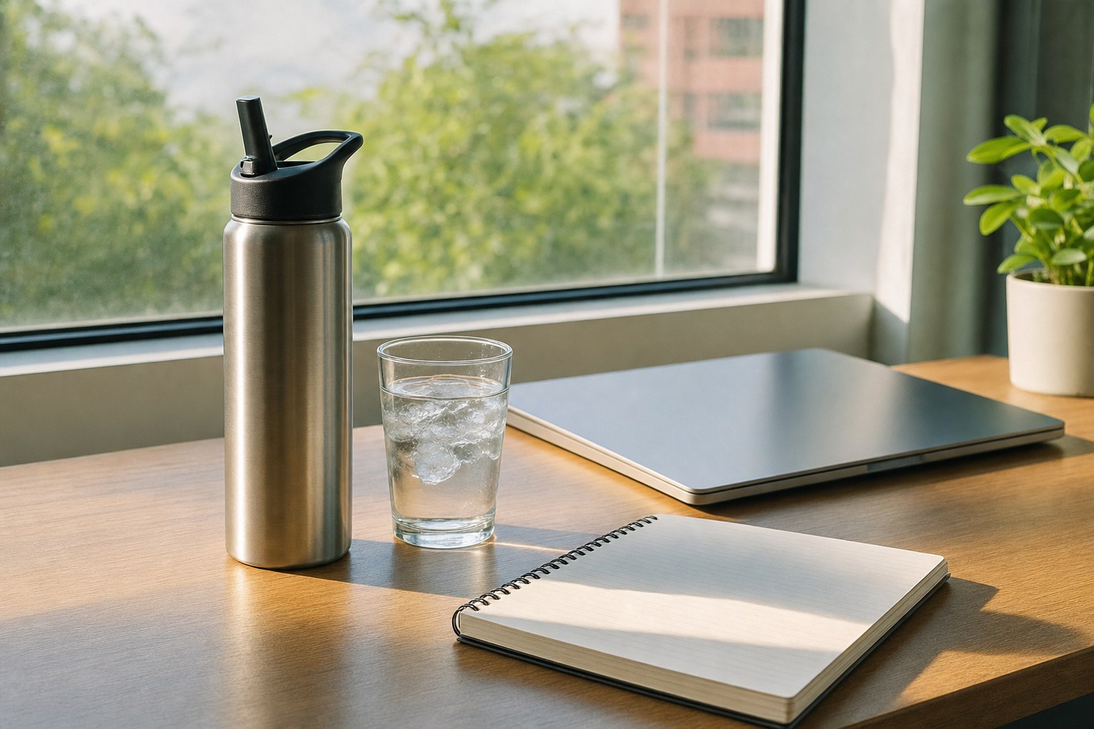 Unbranded insulated straw-lid water bottle and glass of iced water on a desk beside a notebook