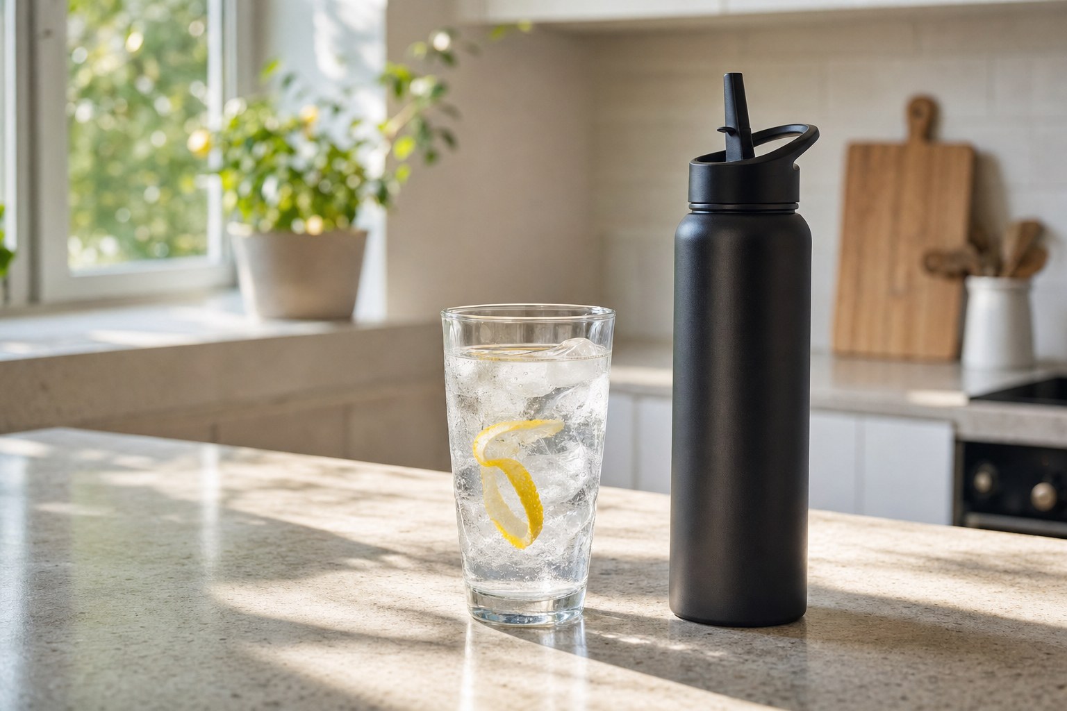 Glass of iced lemon water beside an unbranded black straw-lid bottle on a kitchen counter