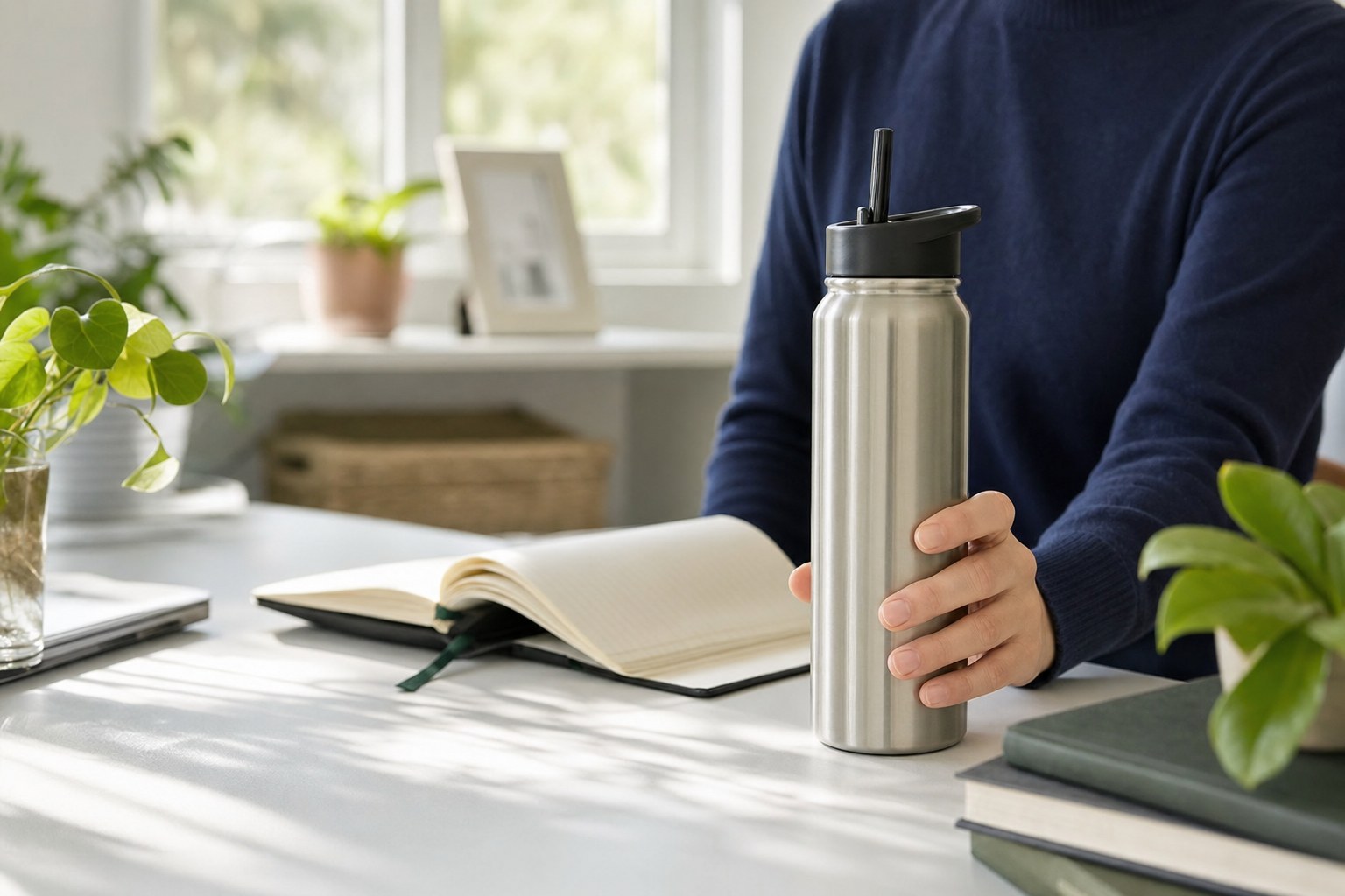 Person reaching for a stainless steel straw-lid water bottle at a bright desk