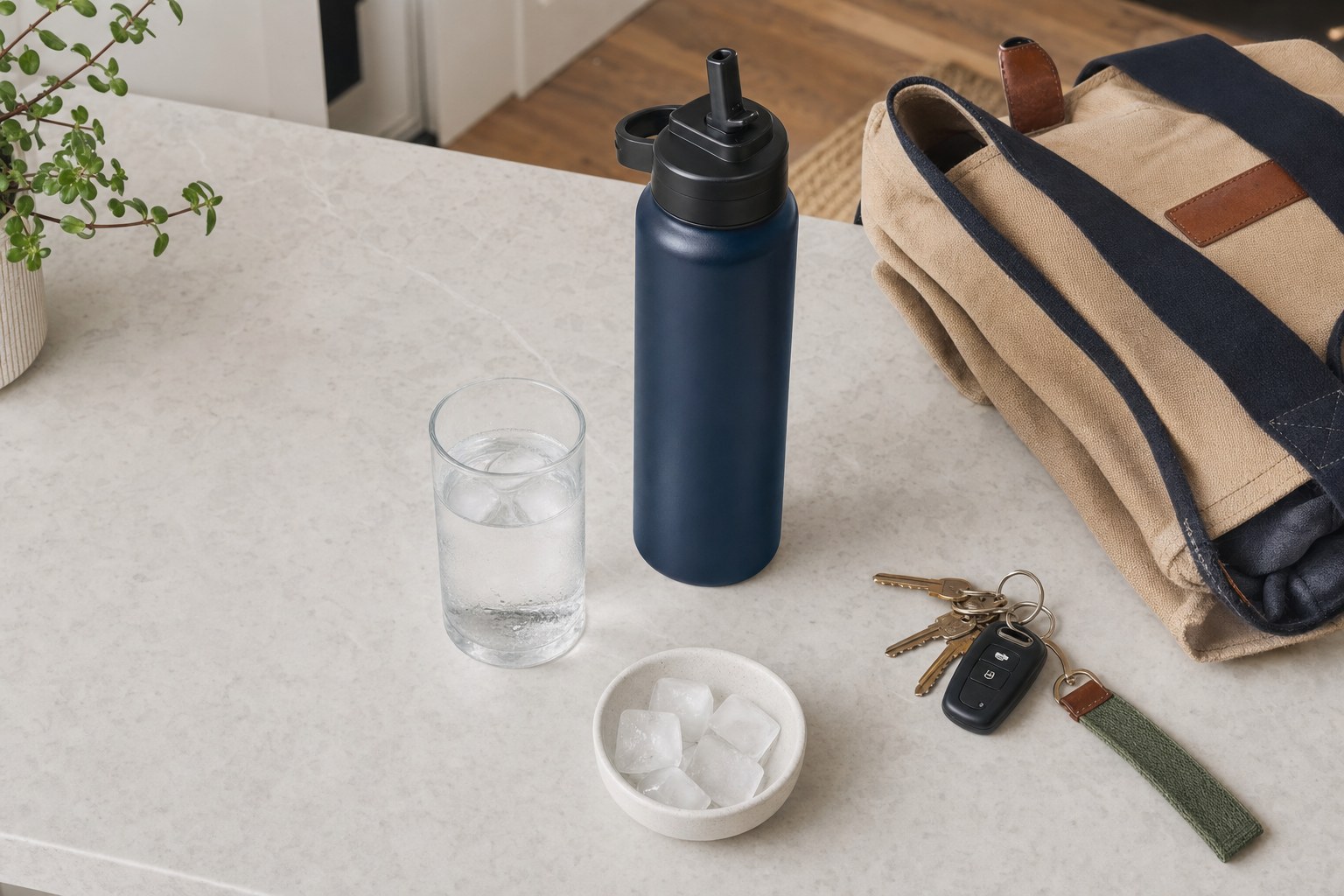 Unbranded navy straw-lid bottle, iced water, keys, and canvas bag arranged for leaving home