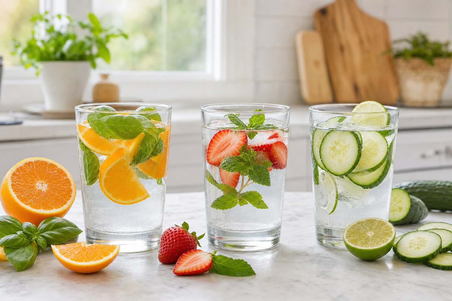 Three glasses of fruit and herb infused water on a kitchen counter