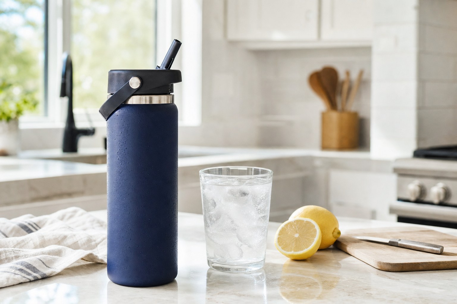 Navy insulated water bottle, glass of ice water, and lemon on a kitchen counter