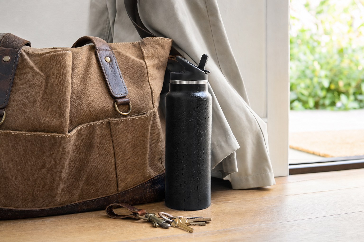 Unbranded black straw-lid water bottle beside a work bag and keys near a bright doorway