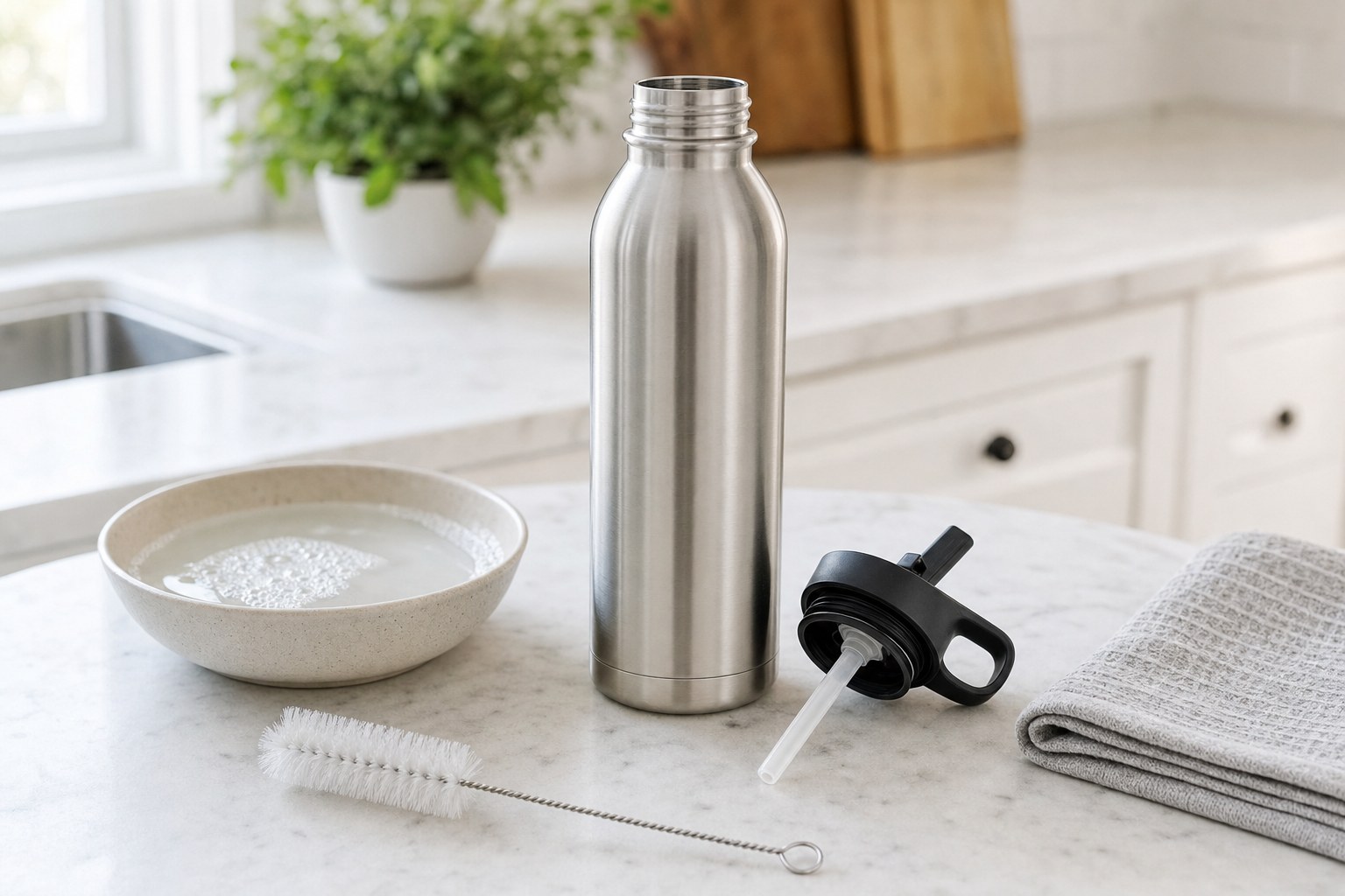 Stainless steel water bottle, straw lid, bottle brush, and towel arranged for cleaning on a kitchen counter