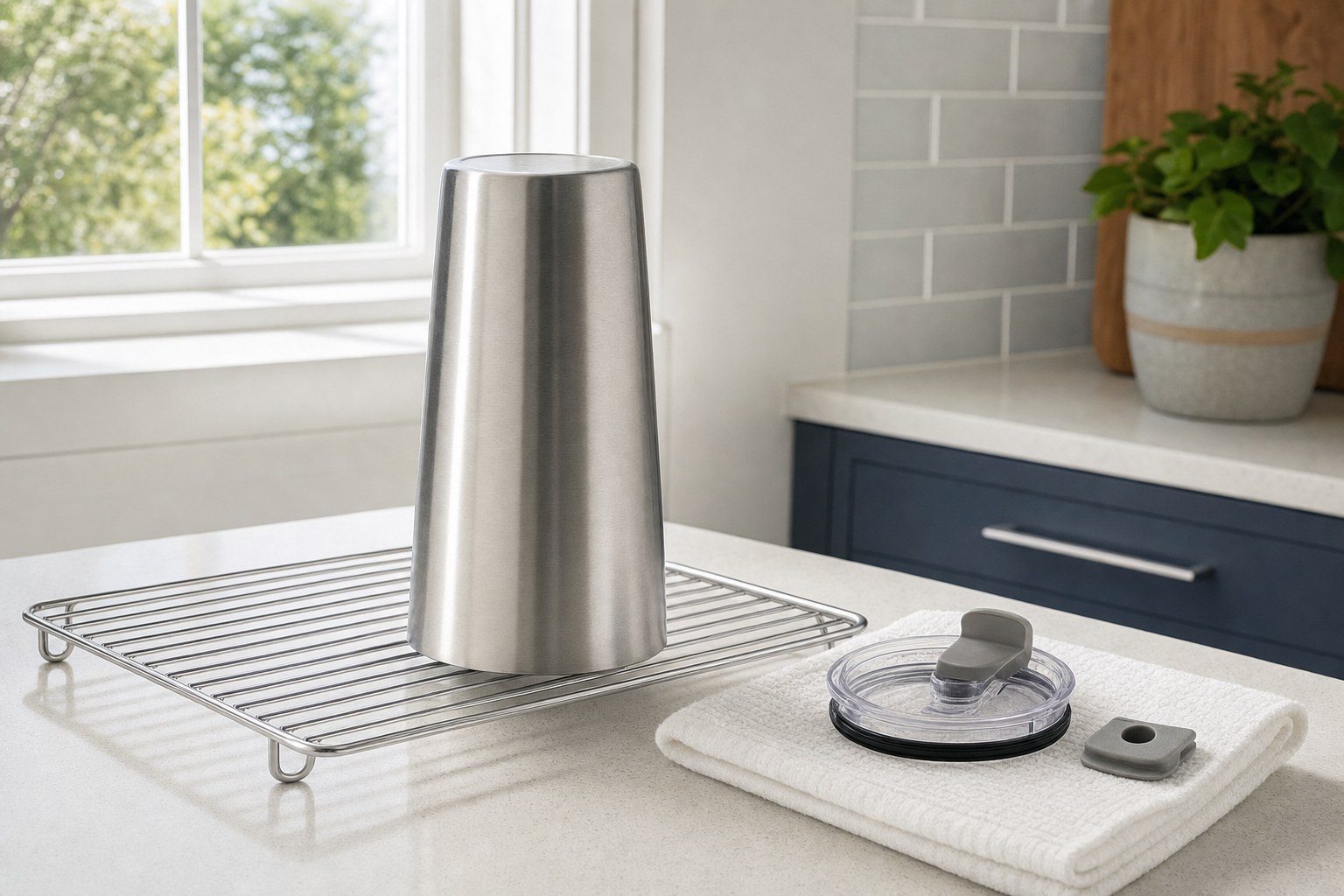 Clean stainless steel tumbler upside down on a drying rack with lid pieces drying on a folded towel