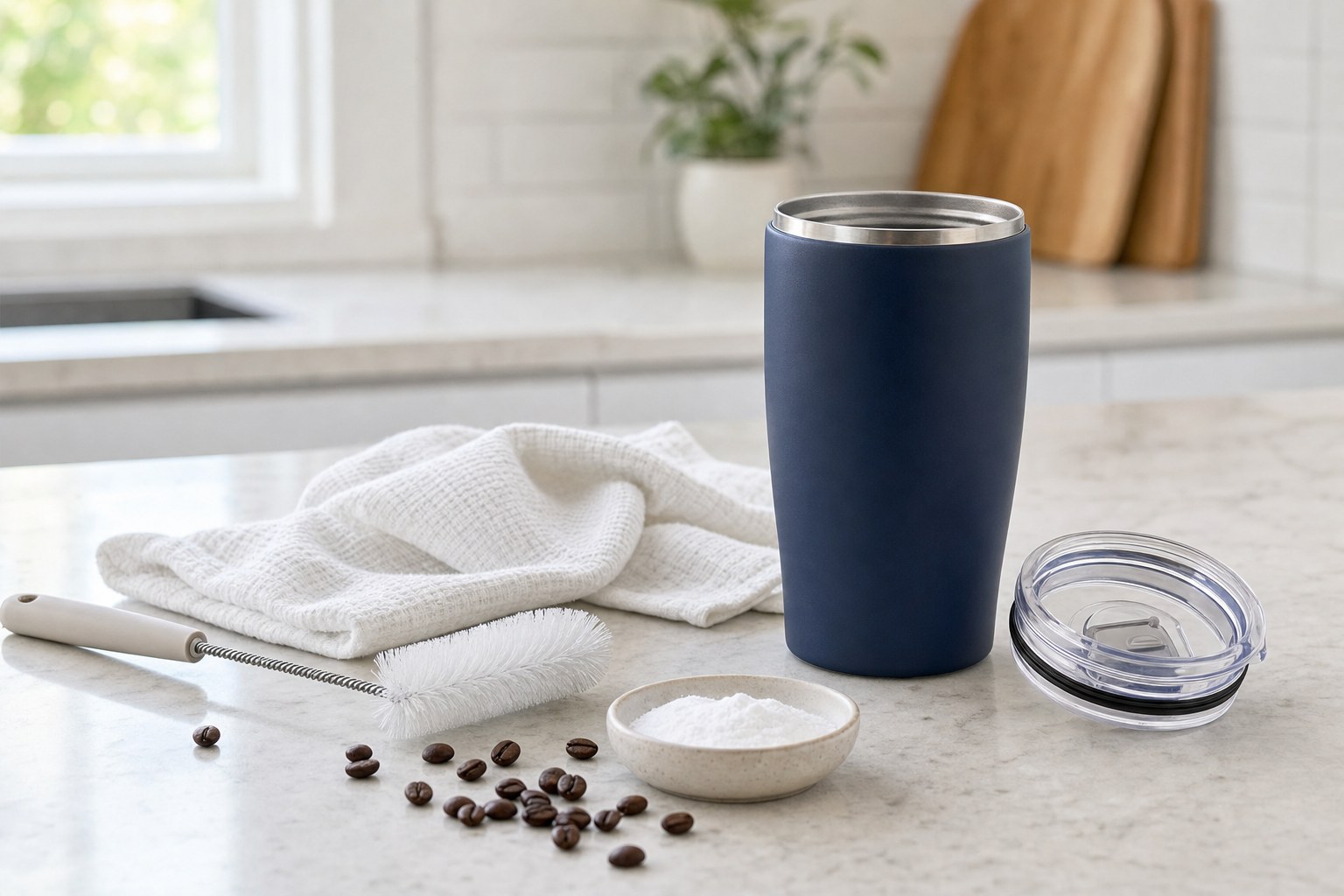 Navy insulated coffee tumbler with lid, bottle brush, towel, and coffee beans on a kitchen counter