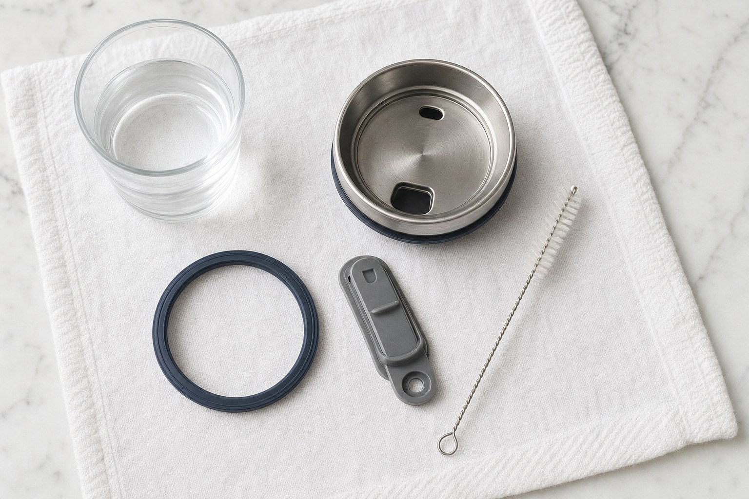 Tumbler lid, sliding insert, silicone seal, and slim cleaning brush arranged on a white towel