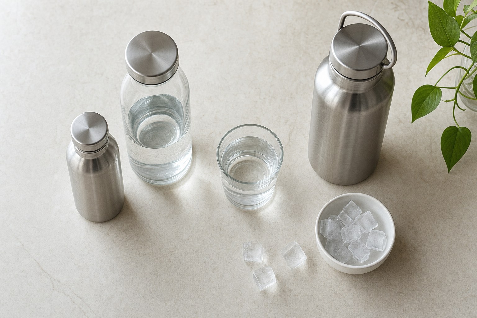 Three unbranded reusable drink containers and a glass of water viewed from above