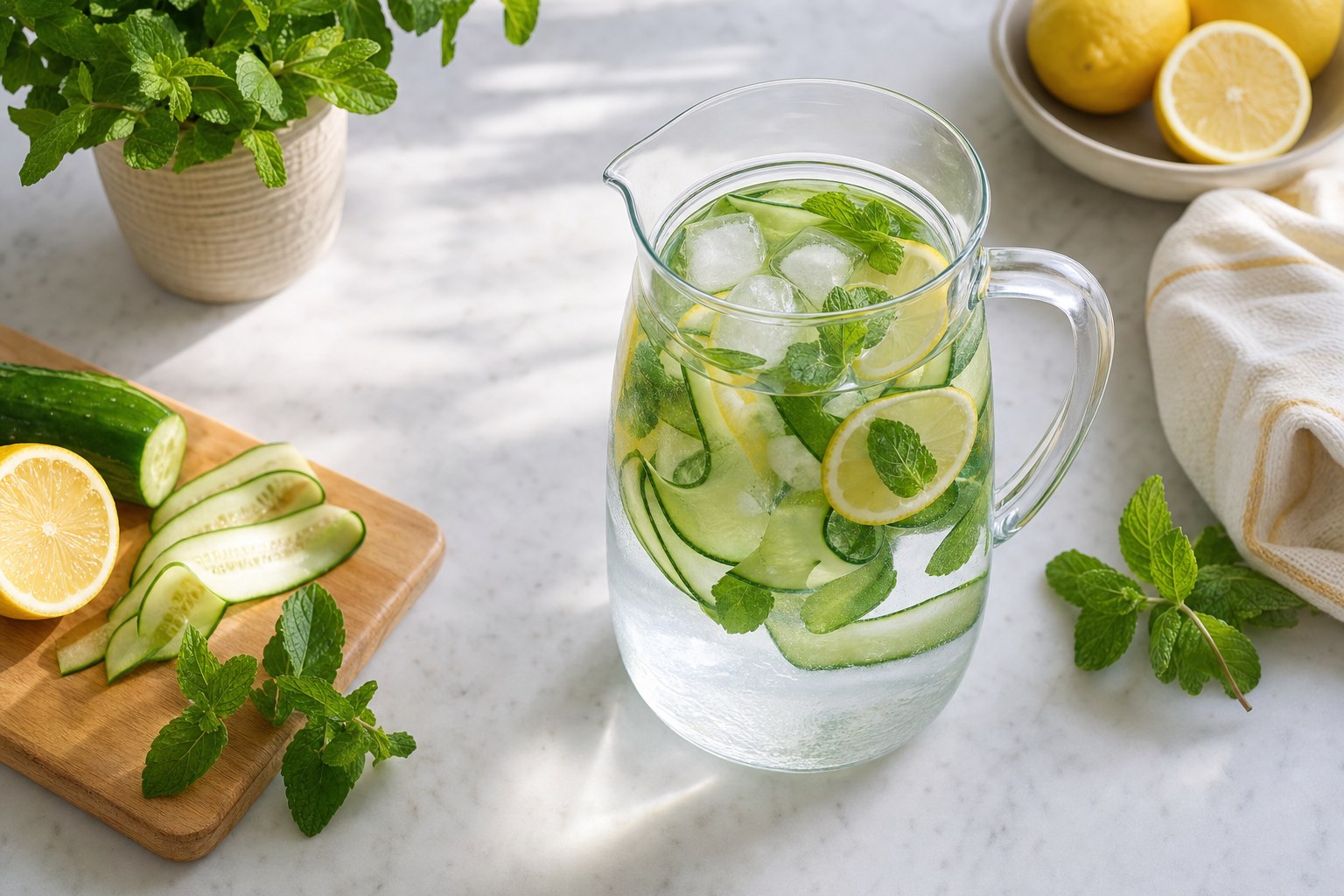 Pitcher of lemon, cucumber, and mint water with ice
