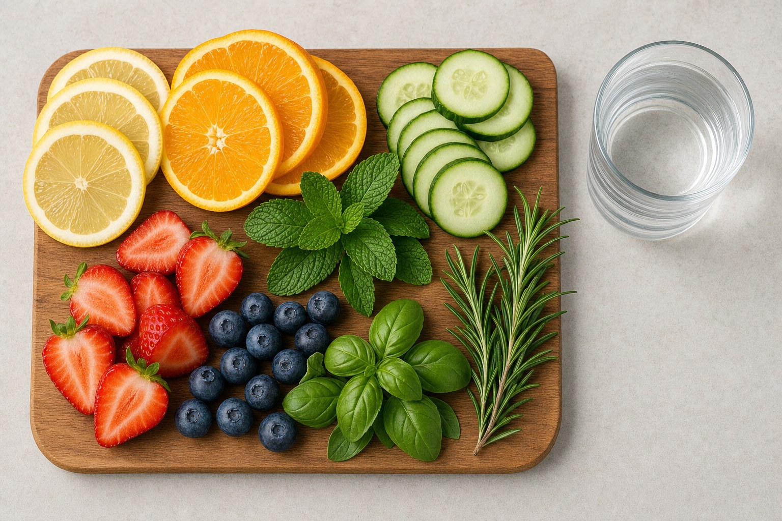 Lemon, orange, cucumber, berries, mint, basil, and rosemary arranged for water infusions